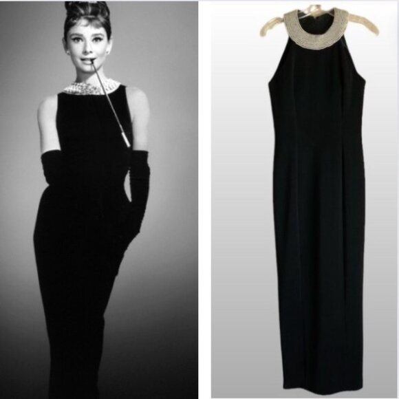 VTG Alex Evenings Black Halter Formal Gown Sz 8 Sheath Maxi Dress Pearl Collar - Picture 1 of 17